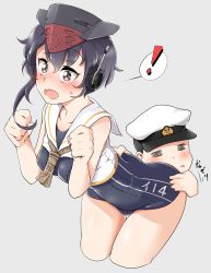 Rule 34 | !, 10s, 1boy, 1girl, admiral (kancolle), aoi renji, ass, ass grab, asymmetrical hair, black hair, black one-piece swimsuit, blush, brown eyes, character name, clothes writing, framed breasts, gloves, grey background, hair between eyes, hat, headphones, hetero, highres, i-14 (kancolle), kantai collection, leaning forward, one-piece swimsuit, open mouth, partially fingerless gloves, peaked cap, sailor collar, school swimsuit, short hair, single glove, spoken exclamation mark, spread ass, swimsuit