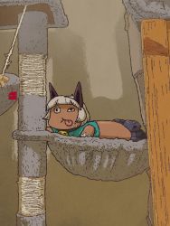 Rule 34 | 1girl, belt pouch, bob cut, cat, cat tree, collar, dark-skinned female, dark skin, lying, minawa108, ms. fortune (skullgirls), neck bell, photo-referenced, pouch, short hair, skullgirls, solo, tongue, tongue out, white hair