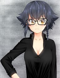 Rule 34 | 10s, 1girl, bespectacled, black-framed eyewear, black hair, black shirt, braid, breasts, brown eyes, cleavage, closed mouth, dress shirt, frown, girls und panzer, glasses, grey background, hair tie, highres, long sleeves, looking at viewer, medium breasts, open collar, pepperoni (girls und panzer), ruka (piyopiyopu), shirt, short hair, side braid, sleeves rolled up, solo, standing, upper body