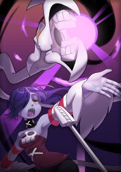 Rule 34 | 1girl, absurdres, armpits, aura, bare shoulders, blue hair, blue skin, bone, breasts, colored skin, commentary, detached collar, detached sleeves, dress, english commentary, hair over one eye, half-closed eye, highres, incoming attack, leviathan (skullgirls), long hair, medium breasts, microphone, microphone stand, object through head, open hand, open mouth, outstretched arms, red dress, red eyes, red sleeves, side ponytail, simple background, skirt, skull, skullgirls, solo, squigly (skullgirls), stitched mouth, stitches, striped, striped sleeves, superuzit, teeth, white sleeves, yellow eyes, zombie