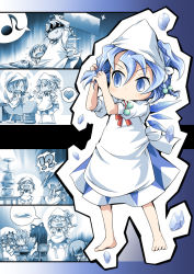 Rule 34 | !?, 5girls, adjusting hair, apron, barefoot, blue eyes, blue hair, chibi, cirno, comic, cup, daiyousei, fish, frog, hair bobbles, hair ornament, ham (points), head scarf, heart, ice, luna child, mouth hold, multiple girls, musical note, plate, sakazuki, silent comic, star sapphire, sunny milk, touhou, wings