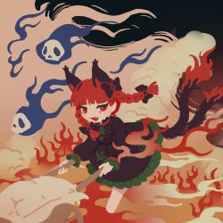Rule 34 | 1girl, animal ears, bei iii, bow, braid, cat ears, cat tail, dress, fire, highres, hitodama, kaenbyou rin, lava, multiple tails, red hair, smoke, solo, tail, touhou, twin braids, two tails