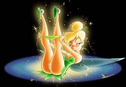 Rule 34 | 1girl, absurdres, artist logo, ass, bare arms, bare legs, bare shoulders, blonde hair, blue eyes, blush, breasts, clothes pull, colored skin, dated, disney, dltoon, dress, dress pull, eyebrows, eyelashes, eyelids, fairy, fairy wings, flats, glowing, green dress, green footwear, hair bun, hair tie, half-closed eyes, highres, insect wings, legs, legs up, light, lips, lipstick, looking to the side, lying, makeup, nipples, on back, open mouth, panties, panty pull, pixie dust, pussy, red lips, shoes, short dress, simple background, sparkle, strapless, strapless dress, thighs, tinker bell (disney), underwear, undressing, upskirt, white skin, wings