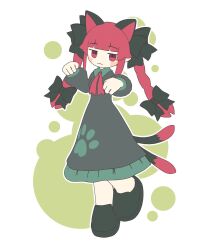 Rule 34 | 1girl, acid burritos, animal ears, black footwear, braid, cat ears, cat girl, cat tail, closed mouth, dress, extra ears, full body, green dress, highres, kaenbyou rin, long hair, long sleeves, looking at viewer, multiple tails, red eyes, red hair, side braids, solo, tail, touhou, twin braids, two tails