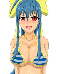 Rule 34 | 1girl, antenna hair, bad id, bad pixiv id, bikini, blazblue, blazblue remix heart, blue hair, blush, bow, breasts, cleavage, covered erect nipples, genderswap, genderswap (mtf), hair bow, huge breasts, large breasts, long hair, looking at viewer, mai natsume, micro bikini, open mouth, ponytail, red eyes, ribbon, shiny skin, sidelocks, smile, solo, sotiru, striped bikini, striped clothes, swimsuit, underboob, very long hair, yellow bow