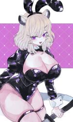 Rule 34 | 1girl, absurdres, animal ears, arknights, black leotard, breasts, cleavage, cleavage cutout, clothing cutout, cowboy shot, detached collar, fake animal ears, highres, holding, holding weapon, large breasts, leotard, looking at viewer, playboy bunny, purple eyes, rocb, short hair, smile, solo, strapless, strapless leotard, thick thighs, thigh strap, thighs, utage (arknights), weapon