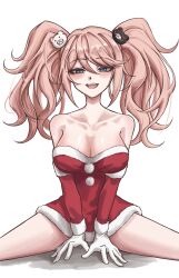 Rule 34 | 1girl, :d, absurdres, alternate costume, bare shoulders, bear hair ornament, blonde hair, blush, breasts, cleavage, collarbone, danganronpa: trigger happy havoc, danganronpa (series), detached sleeves, dress, enoshima junko, gloves, hair ornament, highres, large breasts, long hair, long sleeves, open mouth, petra (jgc845601), santa dress, shiny skin, simple background, slit pupils, smile, solo, spread legs, strapless, strapless dress, teeth, twintails, upper teeth only, white background, white gloves