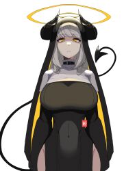 Rule 34 | 1girl, absurdres, black dress, breasts, closed mouth, commentary, demon girl, demon horns, demon tail, dress, english commentary, halo, highres, horns, large breasts, lemehdo, long hair, looking at viewer, nun, original, pelvic curtain, simple background, solo, tail, white background, white hair, yellow eyes