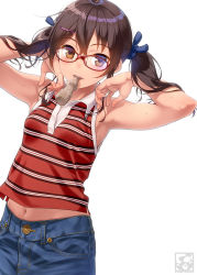 Rule 34 | 1girl, aoi sora (pairan), armpits, arms up, bare shoulders, blush, brown eyes, brown hair, glasses, hair ornament, hair ribbon, hairclip, highres, long hair, looking at viewer, low twintails, midriff, navel, original, pairan, ribbon, simple background, solo, sweat, twintails, white background