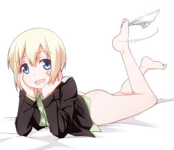 Rule 34 | 1girl, :d, ass, barefoot, blonde hair, blue eyes, bottomless, erica hartmann, feet, looking at viewer, lying, on stomach, open mouth, panties, unworn panties, short hair, smile, solo, strike witches, toes, umekichi, underwear, white panties, world witches series