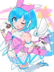 Rule 34 | 1girl, bare shoulders, blue eyes, blue hair, candy, chocolate, chocolate heart, commentary request, detached wings, dress, food, heart, highres, holding, holding chocolate, holding food, kuze makoto, mega man (series), mega man x (series), mega man x dive, official alternate costume, one eye closed, pink ribbon, pleated skirt, ribbon, rico (mega man), short hair, skirt, solo, thighhighs, valentine, white background, white dress, white thighhighs, wings