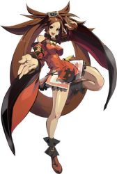 Rule 34 | 1girl, bare shoulders, boots, breasts, brown eyes, brown hair, china dress, chinese clothes, detached sleeves, dress, female focus, guilty gear, guilty gear xrd, guilty gear xrd: revelator, hair ornament, kuradoberi jam, large breasts, leg up, legs, long hair, miniskirt, official art, open hands, open mouth, simple background, skirt, solo, very long hair