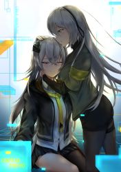 Rule 34 | 2girls, absurdres, black legwear, black ribbon, blush, breast press, breasts, brown eyes, character name, closed mouth, commentary request, copyright name, cyberspace, dated, feet out of frame, fengyu ye, girls&#039; frontline, grey hair, hair between eyes, hair ornament, hair ribbon, headpat, highres, hug, jacket, long hair, looking down, mod3 (girls&#039; frontline), multiple girls, pantyhose, ribbon, scar, scar across eye, scar on face, shirt, sitting, smile, standing, ump40 (girls&#039; frontline), ump45 (girls&#039; frontline), ump45 (mod3) (girls&#039; frontline), white shirt, yellow eyes