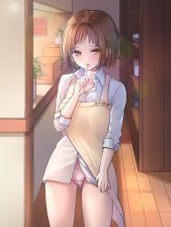 Rule 34 | 1girl, apron, apron aside, bang dream!, bare legs, barista, blush, bow, bow panties, brown eyes, brown hair, collared shirt, come hither, commentary, cowboy shot, dress shirt, eyelashes, finger to mouth, half-closed eyes, hazawa tsugumi, heart, highres, indoors, lace, lace panties, leaning back, lens flare, long sleeves, looking at viewer, no pants, open collar, panties, parted lips, pink panties, ptal, shirt, shirt aside, short hair, shushing, sidelocks, sleeves rolled up, smile, solo, standing, translated, underwear, waitress, white shirt, wing collar
