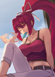 Rule 34 | 1girl, afterimage, bare shoulders, blue sky, breasts, crop top, food, food in mouth, hair intakes, hair ribbon, koyama keisuke, large breasts, long hair, midriff, motion blur, motion lines, navel, one eye closed, pants, ponytail, popsicle, popsicle in mouth, purple hair, ribbon, sky, solo, sweat, under night in-birth, yuzuriha (under night in-birth)