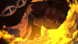 Rule 34 | 1boy, black coat, black hat, blonde hair, brown gloves, close-up, coat, collared shirt, fighting stance, fire, gloves, goggles, goggles on headwear, hat, highres, incoming attack, long sleeves, looking at viewer, male focus, one piece, pinattsu, sabo (one piece), scar, scar across eye, scar on face, shirt, short hair, smile, solo, spoilers, top hat