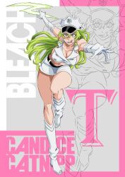 Rule 34 | 1girl, belt, bleach, bleach: sennen kessen-hen, boots, breasts, candice catnipp, cleavage, english text, gloves, green eyes, green hair, hat, knee up, large breasts, lightning, long hair, midriff, military hat, military uniform, navel, quincy (bleach), rakusakugk, short shorts, shorts, sternritter, thighs, tongue, tongue out, uniform, white footwear, white gloves