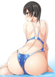 Rule 34 | 10s, 1girl, alternate costume, ass, black eyes, black hair, brown eyes, competition swimsuit, from behind, green eyes, highres, kaga (kancolle), kantai collection, looking at viewer, looking back, one-piece swimsuit, short hair, side ponytail, sitting, solo, swimsuit, wakame