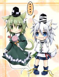 Rule 34 | ..., 2girls, animal ears, blush, candy, cat ears, cat girl, cat tail, dog ears, dog tail, dress, fang, female focus, food, ghost, ghost tail, green dress, green eyes, green hair, hands in opposite sleeves, hat, highres, japanese clothes, kemonomimi mode, lollipop, mononobe no futo, multiple girls, multiple tails, open mouth, ponytail, quanhun, short hair, silver hair, smile, soga no tojiko, symbol-shaped pupils, tail, tate eboshi, touhou