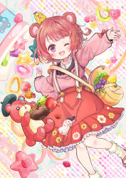 Rule 34 | 1girl, :d, absurdres, animal ears, ankle socks, bag, bear, bear ears, bird, blush, bow, braid, candy, chick, collared shirt, floral print, food, fruit, fruit bowl, hacosumi, hair bow, heart, highres, holding, holding heart, humanization, knees together feet apart, long sleeves, mary janes, medium hair, medium skirt, mouse (animal), off-shoulder sweater, off shoulder, one eye closed, open mouth, original, outstretched arm, personification, petticoat, purple eyes, red hair, shirt, shoes, shoulder bag, skirt, sleeve bow, smile, socks, solo, striped clothes, striped shirt, stuffed animal, stuffed toy, suspenders, sweater, teddy bear