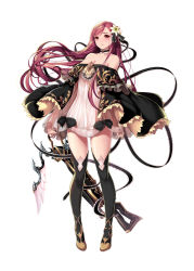 Rule 34 | 1girl, bare shoulders, black bow, black footwear, black thighhighs, blush, boots, bow, bow (weapon), breasts, cleavage, collarbone, crossbow, dress, floating hair, flower, full body, hair flower, hair ornament, highres, holding, holding weapon, koflif, large breasts, long hair, mole, mole under eye, off-shoulder dress, off shoulder, original, parted lips, red eyes, red hair, see-through, see-through sleeves, shadow seven, simple background, sleeves past wrists, solo, standing, swept bangs, thigh boots, thighhighs, very long hair, weapon, white background, white dress, white flower