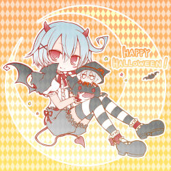 Rule 34 | 2girls, alternate costume, argyle, argyle background, argyle clothes, bat (animal), bat wings, bloomers, blue hair, blush stickers, bow, costume, demon, demon girl, fang, grey hair, hair ornament, hairclip, halloween, hat, horns, izayoi sakuya, jitome, multiple girls, nejikirio, red eyes, remilia scarlet, short hair, smile, striped clothes, striped legwear, striped thighhighs, tail, thighhighs, touhou, underwear, wings, witch hat