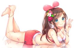 Rule 34 | 1girl, absurdres, akowazaki, alternate hairstyle, anklet, ass, bare shoulders, barefoot, bikini, bikini under clothes, blue eyes, blush, bracelet, breasts, brown hair, cleavage, collarbone, commentary request, feet, flower, hair flower, hair ornament, hairband, halterneck, highres, jewelry, kizuna ai, kizuna ai inc., long hair, looking at viewer, lying, medium breasts, multicolored hair, nail polish, on stomach, pink nails, pink shorts, ponytail, short shorts, shorts, side-tie bikini bottom, sidelocks, signature, smile, solo, streaked hair, string bikini, swimsuit, tattoo, the pose, v, virtual youtuber