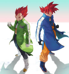 Rule 34 | 2boys, absurdres, armor, black bodysuit, black gloves, blue coat, bodysuit, chest armor, clenched hands, closed mouth, coat, dougi, dragon ball, dragon ball super, dragon ball super broly, gloves, green coat, high collar, highres, ksuke (k-taro31), looking at another, male focus, multiple boys, open clothes, open coat, red eyes, red hair, saiyan armor, serious, short hair, son goku, spiked hair, super saiyan, super saiyan god, twitter username, vegeta, white gloves