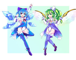 Rule 34 | 2girls, :d, adapted costume, arm up, bare shoulders, boots, bow, brown thighhighs, cirno, clenched hand, commentary request, commission, daiyousei, detached sleeves, elbow gloves, eruichi (redphantom), fairy, fairy wings, full body, gloves, green hair, groin, hair bow, highleg, highleg leotard, ice, ice wings, leotard, long hair, looking at viewer, multiple girls, neck ribbon, open mouth, ribbon, short hair, skeb commission, smile, strapless, strapless leotard, thighhighs, thighhighs under boots, touhou, w arms, white gloves, white leotard, wing collar, wings