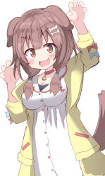 Rule 34 | 1girl, :d, absurdres, animal ears, arm up, blue bow, blush, bone hair ornament, bow, braid, breasts, brown hair, cartoon bone, claw pose, cleavage, collar, commentary request, dog ears, dog girl, dog tail, dress, fangs, hair ornament, hair over shoulder, hand up, highres, hololive, inugami korone, inugami korone (1st costume), jacket, long hair, long sleeves, looking at viewer, low twintails, medium breasts, open clothes, open jacket, open mouth, puffy long sleeves, puffy sleeves, red bow, red collar, red eyes, simple background, smile, solo, tail, twin braids, twintails, umberblack, v-shaped eyebrows, virtual youtuber, white background, white dress, yellow jacket