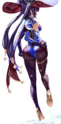 Rule 34 | 1girl, ass, blue hat, breasts, detached sleeves, from behind, genshin impact, hat, highres, huge ass, long hair, medium breasts, mona (genshin impact), pantyhose, purple hair, purple pantyhose, shoes, simple background, solo, standing, standing on one leg, twintails, uenoryoma, water, white background, witch hat, yellow footwear