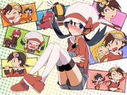 Rule 34 | 1girl, 3boys, atom (@tom), backwards hat, bad id, bad pixiv id, baseball cap, black hair, blonde hair, blue eyes, blue hair, blush, bow, creatures (company), cue stick, earrings, emerald (pokemon), ethan (pokemon), game freak, goggles, goggles on head, grin, hat, hat bow, hat ribbon, jewelry, kris (pokemon), multiple boys, nintendo, overalls, pokemon, pokemon adventures, red hair, ribbon, silver (pokemon), smile, sweatdrop, thighhighs, twintails, vest, white thighhighs, yellow eyes