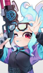 Rule 34 | 1girl, :p, black-framed eyewear, black hair, eyewear on head, glasses, gun, highres, holding, holding gun, holding weapon, jacket, looking at viewer, medium hair, nintendo, octoling, octoling girl, octoling player character, one eye closed, print jacket, red eyes, sahata saba, simple background, solo, splatoon (series), splatoon 3, tentacle hair, thick eyebrows, tongue, tongue out, upper body, weapon, white background, zipper, zipper pull tab
