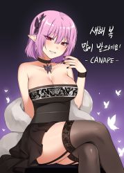 Rule 34 | artist name, bad id, bad pixiv id, black choker, black dress, black nails, blush, bracelet, breasts, bug, butterfly, butterfly hair ornament, butterfly necklace, canape (canape0130), choker, coat, unworn coat, crossed legs, dress, eyes visible through hair, fur coat, garter straps, gradient background, hair between eyes, hair ornament, highres, insect, jewelry, korean text, lace, lace-trimmed legwear, lace trim, large breasts, looking at viewer, lucid (maplestory), maplestory, nail polish, pink eyes, pointy ears, purple background, purple hair, see-through, see-through legwear, short dress, short hair, smile, strapless, strapless dress, thighhighs