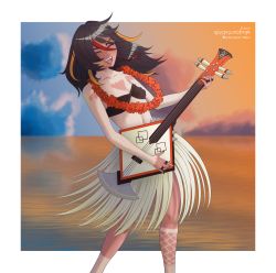 Rule 34 | absurdres, alpen, alternate costume, bad id, bad pixiv id, black hair, closed eyes, genshin impact, grass skirt, guitar, highres, hula, instrument, music, open mouth, playing instrument, self-upload, smile, solo, tan, tanline, xinyan (genshin impact)