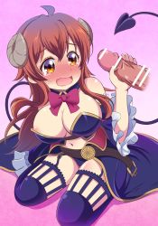 Rule 34 | 1boy, 1girl, ahoge, areola slip, arm support, bar censor, bare shoulders, belt, belt buckle, blue cape, blue panties, blue thighhighs, blush, bow, bowtie, breasts, brown belt, brown eyes, brown hair, buckle, cape, censored, cleavage, curled horns, demon girl, demon horns, demon tail, detached collar, detached sleeves, embarrassed, eyelashes, fang, frilled sleeves, frills, garter straps, gradient background, hair between eyes, hand up, handjob, highres, holding, horns, laika (pixiv), large breasts, leaning to the side, long hair, long sleeves, looking to the side, machikado mazoku, navel, nose blush, open mouth, panties, penis, pink background, raised eyebrows, revealing clothes, shadow, shiny skin, sidelocks, sitting, skin fang, solo focus, sweatdrop, tail, tearing up, thighhighs, thighs, tongue, underwear, waist cape, wariza, wide sleeves, yoshida yuuko (machikado mazoku)