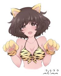 Rule 34 | 1girl, 2022, akiyama yukari, animal ears, animal hands, animal print, bikini, breasts, brown eyes, brown hair, chinese zodiac, claw pose, commentary, cropped torso, fangs, front-tie bikini top, front-tie top, girls und panzer, gloves, half-closed eyes, halterneck, hazuki haru, highres, looking at viewer, medium breasts, messy hair, new year, open mouth, paw gloves, print bikini, short hair, simple background, smile, solo, swimsuit, tiger ears, tiger print, upper body, white background, year of the tiger, yellow bikini, yellow gloves