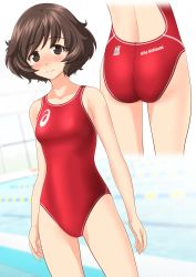 Rule 34 | 1girl, absurdres, akiyama yukari, alternate costume, arms at sides, asics, ass, blurry, blush, breasts, brown eyes, brown hair, character name, clothes writing, commentary request, competition swimsuit, cowboy shot, depth of field, embarrassed, girls und panzer, highres, logo, looking at viewer, multiple views, nose blush, one-piece swimsuit, pool, red one-piece swimsuit, short hair, small breasts, standing, swept bangs, swimsuit, takafumi, thighs, wavy hair