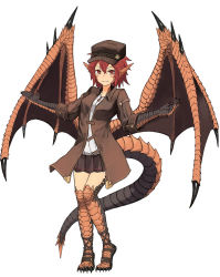 Rule 34 | 1girl, black footwear, black hat, brown coat, claws, closed mouth, coat, dragon girl, dragon horns, dragon tail, dragon wings, fang, gladiator sandals, hair between eyes, hat, highres, hitokuirou, horns, looking at viewer, md5 mismatch, original, partially unbuttoned, red eyes, red hair, resolution mismatch, sandals, scales, shirt, short hair, skin fang, sleeves rolled up, slit pupils, smile, solo, solo vivace (hitokuirou), source smaller, standing, tail, v-shaped eyebrows, white background, white shirt, wings, zipper