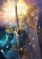 Rule 34 | 1boy, 1girl, arrow (projectile), blonde hair, bow (weapon), commentary, commentary request, crossbow, drawing bow, english commentary, gloves, green eyes, holding, holding bow (weapon), holding weapon, karanashi mari, link, long hair, looking at viewer, master sword, mixed-language commentary, nintendo, pointy ears, princess zelda, short hair, the legend of zelda, the legend of zelda: breath of the wild, the legend of zelda: tears of the kingdom, triforce, weapon