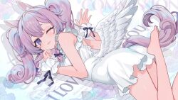 Rule 34 | 1girl, animal ears, ass, bare shoulders, barefoot, blush, breasts, dress, feathered wings, grey eyes, long hair, looking at viewer, looking back, low wings, one eye closed, original, purple hair, saku nosuke, short dress, small breasts, smile, solo, tail, twintails, white dress, white wings, wings, wrist cuffs