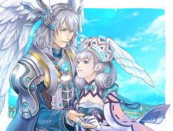 Rule 34 | 1boy, 1girl, blue eyes, brother and sister, cloud, elbow gloves, feathers, gloves, hat, head wings, hetero, holding hands, jewelry, kallian antiqua, melia antiqua, nintendo, ohse, ring, siblings, silver hair, sky, wings, xenoblade chronicles (series), xenoblade chronicles 1