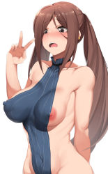 Rule 34 | 1girl, areola slip, bad id, bad pixiv id, bare shoulders, black eyes, blush, breasts, covered erect nipples, covered navel, dantes ward, earrings, fangs, fate/grand order, fate (series), groin, highres, impossible clothes, jewelry, large areolae, long hair, nipple slip, nipples, open mouth, revealing clothes, solo, teeth, twintails, v, very long hair, white background, yu mei-ren (fate), yu mei-ren (first ascension) (fate)