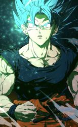 Rule 34 | 1boy, awestruck, bare arms, blue eyes, blue hair, blue shirt, clenched hand, commentary request, dragon ball, dragon ball super, highres, light particles, male focus, mirukutei00, muscular, muscular male, no pupils, orange pants, pants, sash, shirt, solo, son goku, spiked hair, super saiyan, super saiyan blue, sweatdrop, torn clothes, torn shirt, upper body, wristband