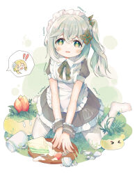 Rule 34 | 1girl, :o, absurdres, alternate costume, apron, blush, bow, bowtie, cake, crying, crying with eyes open, dress, enmaided, food, frilled apron, frilled dress, frills, fruit, genshin impact, grass, green bow, green bowtie, green eyes, grey hair, hair ornament, highres, kneeling, lumine (genshin impact), maid, maid apron, maid headdress, nahida (genshin impact), no shoes, pantyhose, parted lips, pointy ears, sad, slime (genshin impact), spoken character, strawberry, strawberry shortcake, symbol-shaped pupils, teapot, tears, tray, tripping, v arms, white apron, white pantyhose, wrist cuffs, xianyuzi