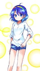 Rule 34 | 1girl, ahoge, alternate costume, arm at side, blue eyes, blue hair, blue shorts, breasts, casual, closed mouth, commentary request, cutoffs, dot mouth, feet out of frame, hair between eyes, hairband, hand on own hip, long sleeves, looking at viewer, pote (ptkan), shirt, short hair, short shorts, shorts, simple background, sketch, small breasts, solo, tenkyuu chimata, touhou, white shirt