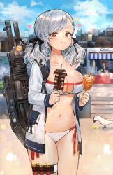 Rule 34 | 12-gauge, 12-gauge (2 3/4 inch shell), 1girl, ammunition, bikini, bird, black ribbon, blue sky, blush, breasts, cityscape, cleavage, cloud, collarbone, combat shotgun, day, dual-mode shotgun, eating, flower, food, food stand, franchi, full mouth, girls&#039; frontline, gun, gun on back, hair flower, hair ornament, hair ribbon, highres, holding, holding food, jacket, large breasts, long hair, looking at viewer, navel, official alternate costume, open clothes, open jacket, outdoors, pump-action shotgun, pump action, red eyes, ribbon, semi-automatic firearm, semi-automatic shotgun, shiny skin, shotgun, shotgun shell, signature, silver hair, sky, smile, sonchi, spas-12, spas-12 (girls&#039; frontline), spas-12 (midsummer fruit) (girls&#039; frontline), stomach, sweatdrop, swimsuit, thigh strap, twintails, weapon, weapon on back, white bikini