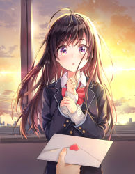 Rule 34 | 1girl, :o, absurdres, ahoge, bad id, bad pixiv id, black hair, black jacket, blazer, blush, bow, bowtie, breasts, buttons, collared shirt, commentary request, dana (hapong07), envelope, hands up, highres, indoors, jacket, letter, long hair, long sleeves, looking at viewer, love letter, medium breasts, orange sky, original, parted lips, purple eyes, red neckwear, school uniform, shirt, sidelocks, sky, skyline, solo focus, sunset, upper body, white shirt, window, wing collar