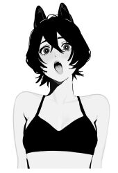 Rule 34 | 1girl, animal ears, armpit crease, blush, bright pupils, copyright request, cropped torso, fangs, greyscale, hair between eyes, head tilt, highres, kona ming, looking at viewer, monochrome, no shirt, nose blush, open mouth, short hair, simple background, solo, spaghetti strap, sports bra, straight-on, tongue, tongue out, topless, white pupils