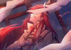 Rule 34 | 1boy, covered eyes, dutch angle, earclip, earrings, fate/grand order, fate (series), flying paper, hair down, high collar, jacket, jewelry, light particles, long hair, looking up, male focus, masaki (star8moon), multicolored hair, night, open clothes, open jacket, paper, parted lips, pectoral cleavage, pectorals, red hair, shrug (clothing), solo, streaked hair, takasugi shinsaku (fate), tassel, torii, upper body, white hair, white jacket